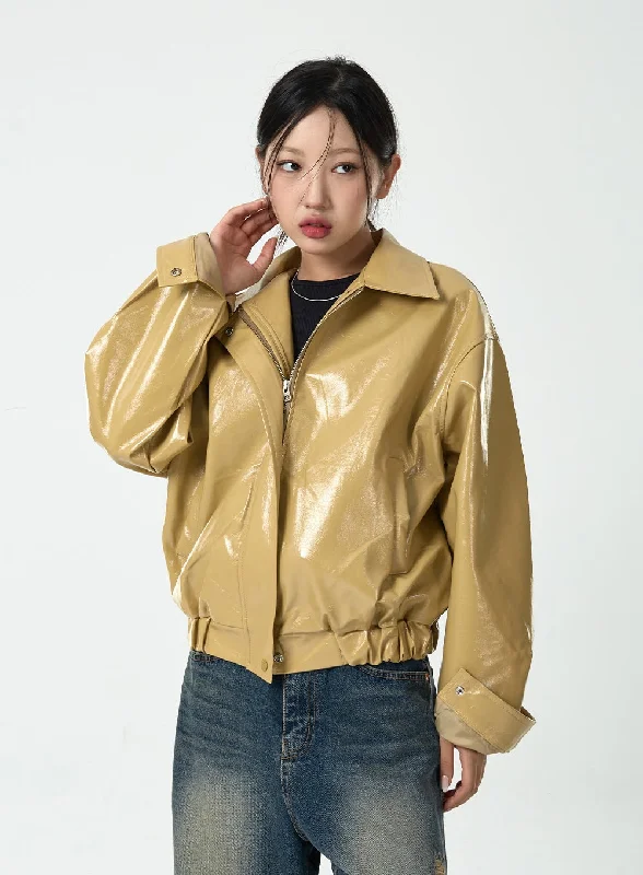 Sports Windbreaker Jacket-Loose Fit Glossy Bomber Jacket CG10