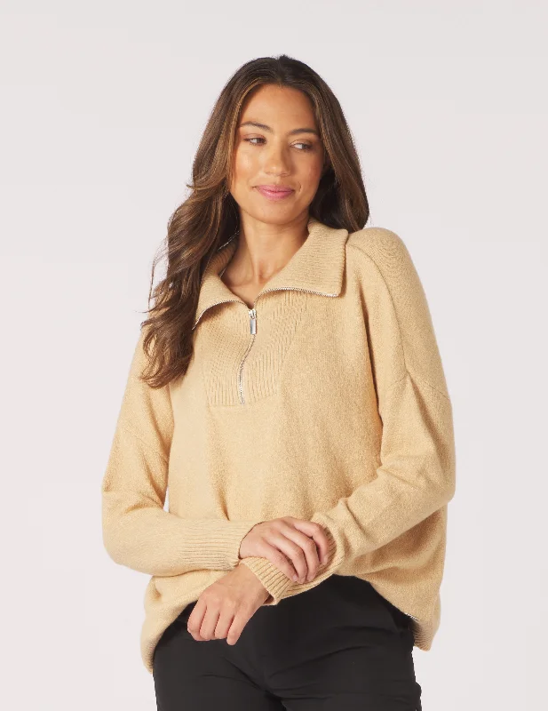 Casual Henley Long Sleeve-Elevated 1/4 Zip: Tan