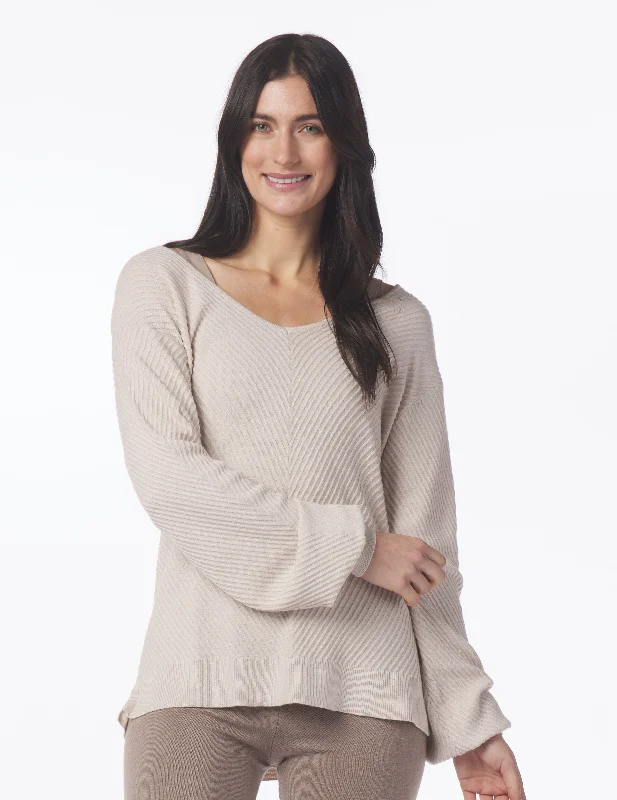 Stretchable Long Sleeve-Luxury Rib Sweater: Oatmilk