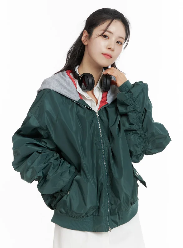 Warm Fleece Jacket-Contrasting Hoodie Bomber Jacket OM418