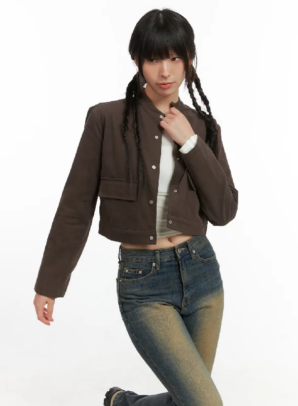 Adjustable Sleeve Jacket-Solid Suede Crop Jacket CG419