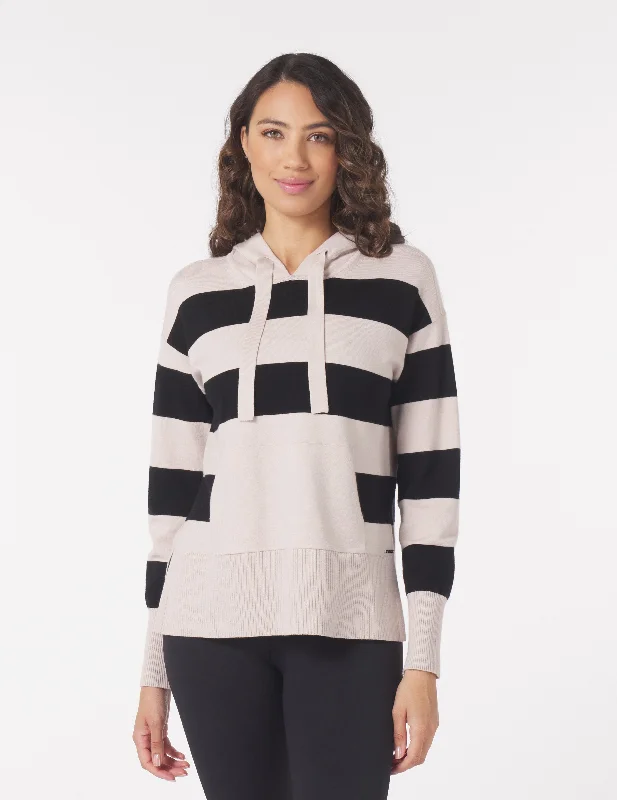 Long Sleeve Crew Neck Top-Elite Hoodie: Oatmilk/Black Rugby Stripe