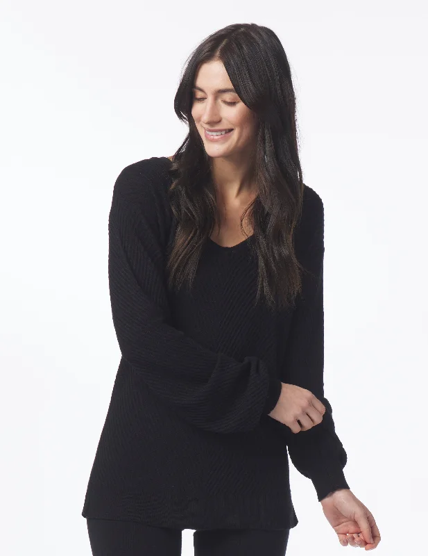 Cozy Sleep Long Sleeve-Luxury Rib Sweater: Black