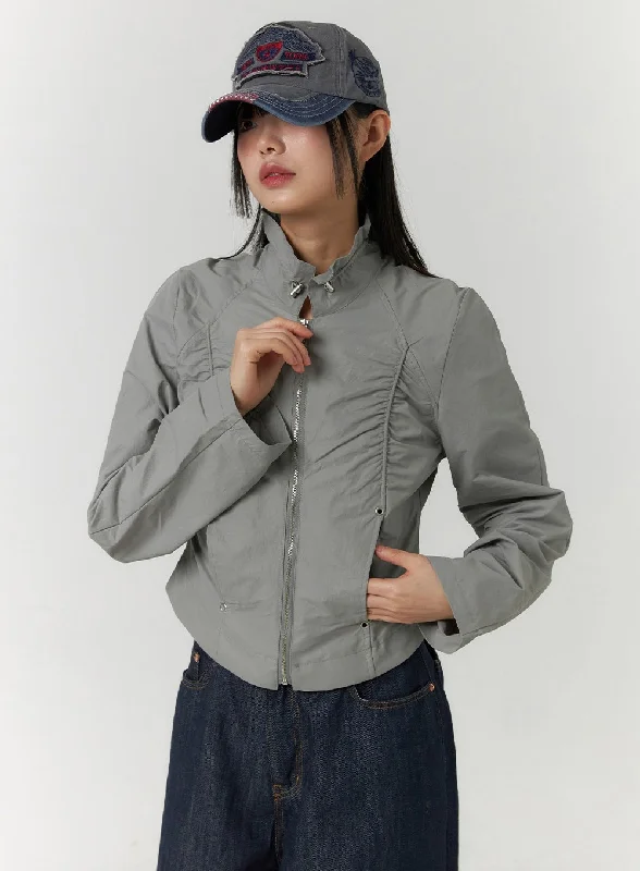 Soft Fleece Jacket-Crop Shirring Zip-Up Jacket CF407